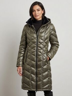 Andrew Marc Women's Olive Green Metallic Down Packable Puffer Coat Size Small
